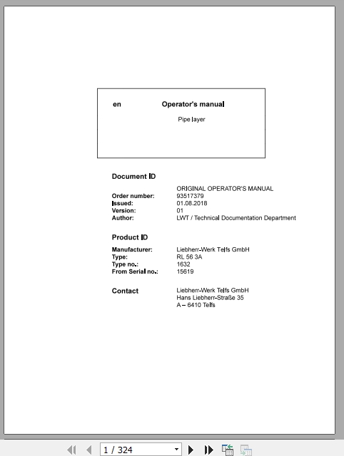 Liebherr Pipe Layer Series 6 RL5616323A15619 Operators Manual