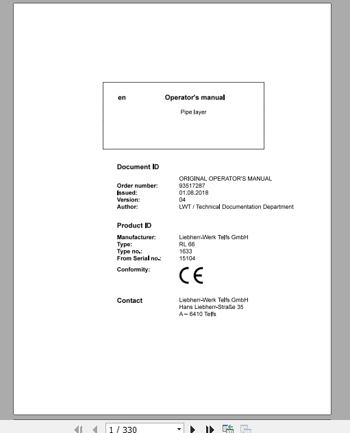 Liebherr Pipe Layer Series 6 RL66163315104 Operators Manual
