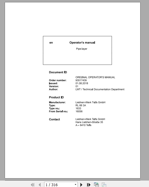 Liebherr Pipe Layer Series 6 RL6616333A16056 Operators Manual