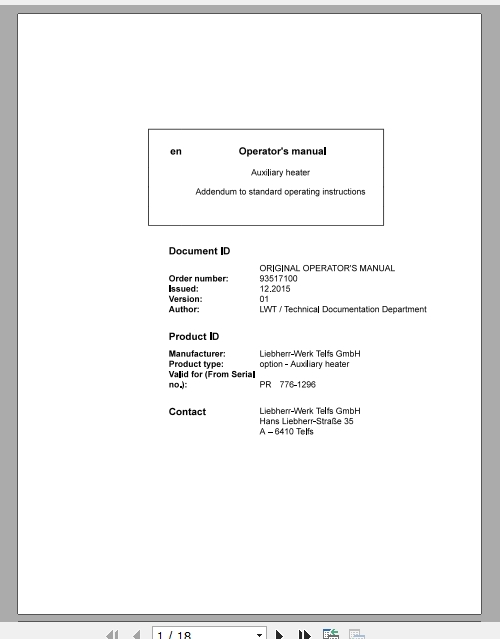 Liebherr Tractor Series 6 AuxiliaryheaterPR77615137 Operators Manual