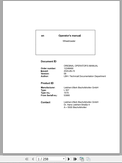 Liebherr Wheel Loader L507 53995 Operating Manual 1