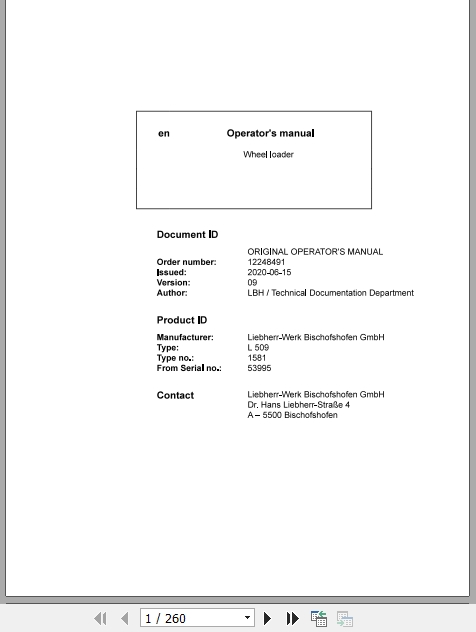 Liebherr Wheel Loader L509 1581 53995 Operating Manual