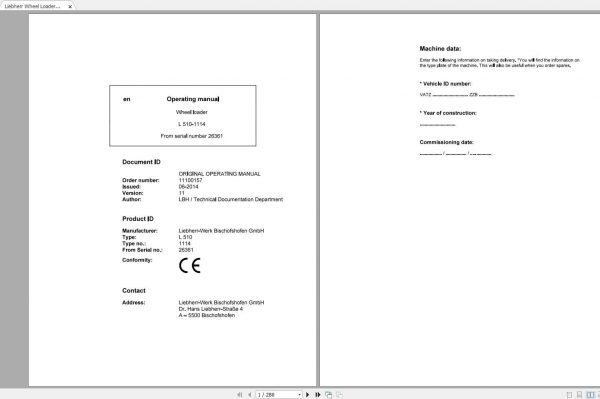 Liebherr Wheel Loader L510 1114 SN 26361 Operators Manual 1