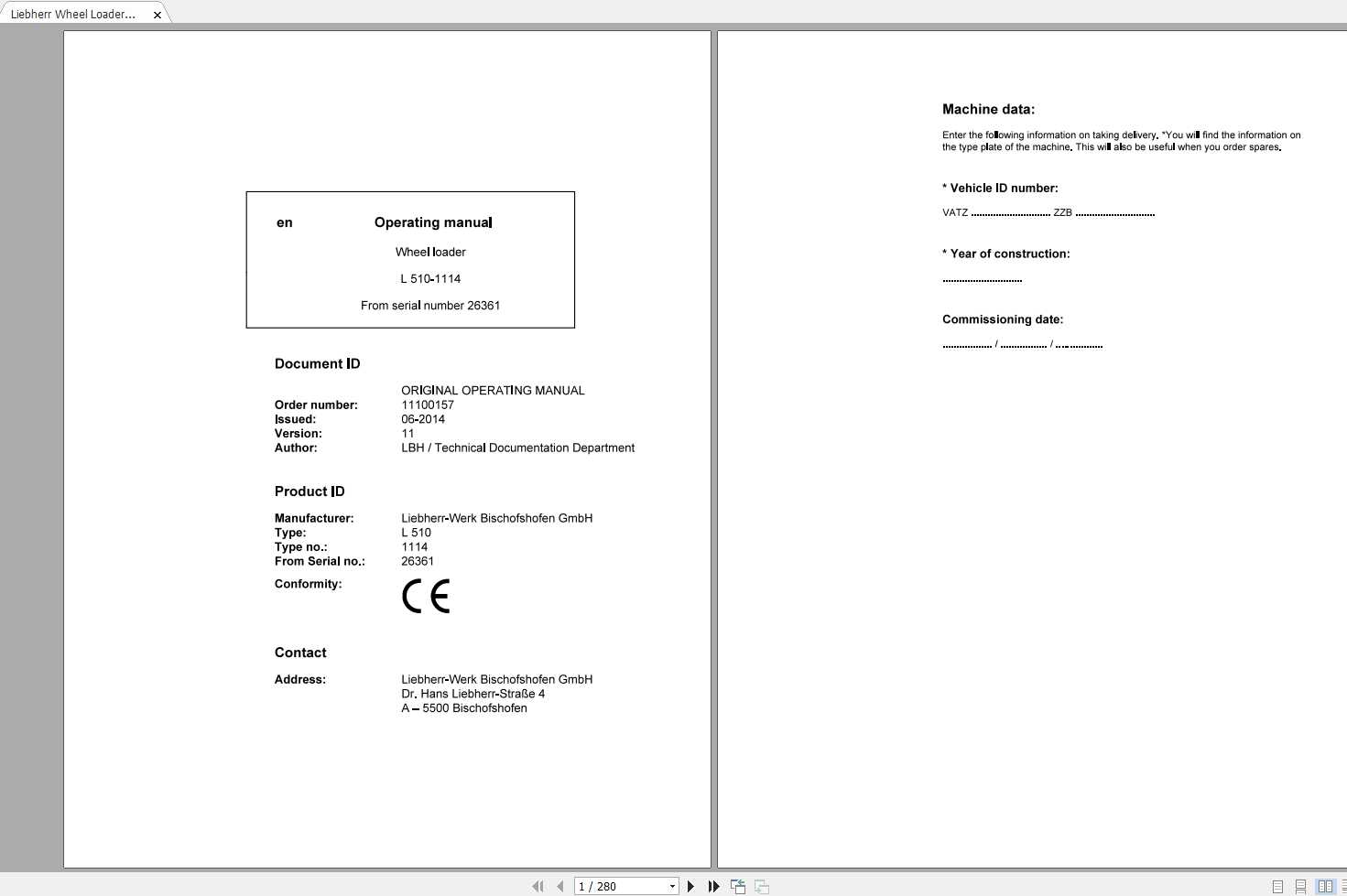 Liebherr Wheel Loader L510 1114 SN 26361 Operators Manual 1