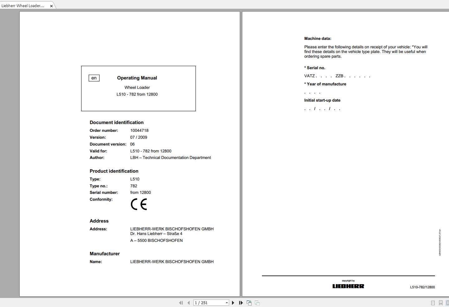 Liebherr Wheel Loader L510 782 SN 12800 Operators Manual 1