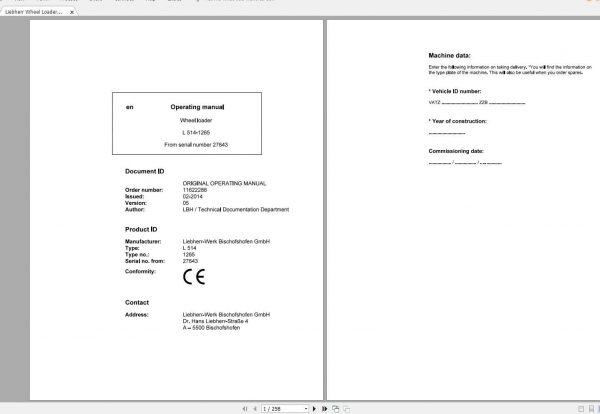 Liebherr Wheel Loader L514 1265 SN 27643 Operators Manual 1
