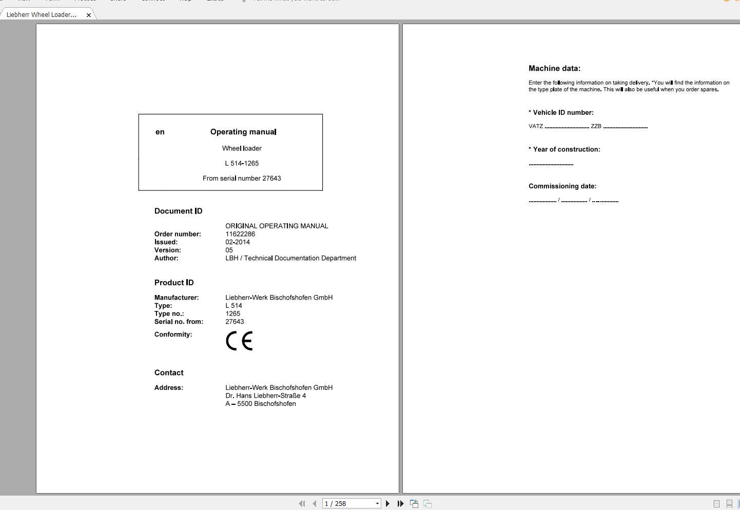 Liebherr Wheel Loader L514 1265 SN 27643 Operators Manual 1