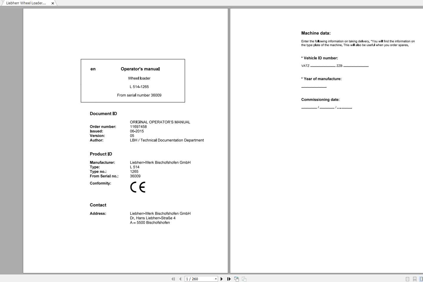 Liebherr Wheel Loader L514 1265 SN 36009 Operators Manual 1