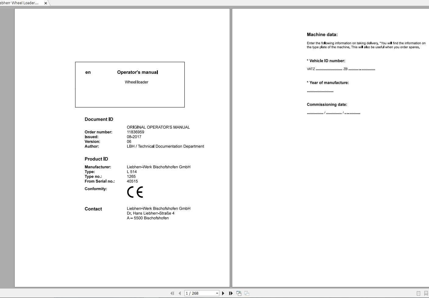 Liebherr Wheel Loader L514 1265 SN 40515 Operators Manual 1
