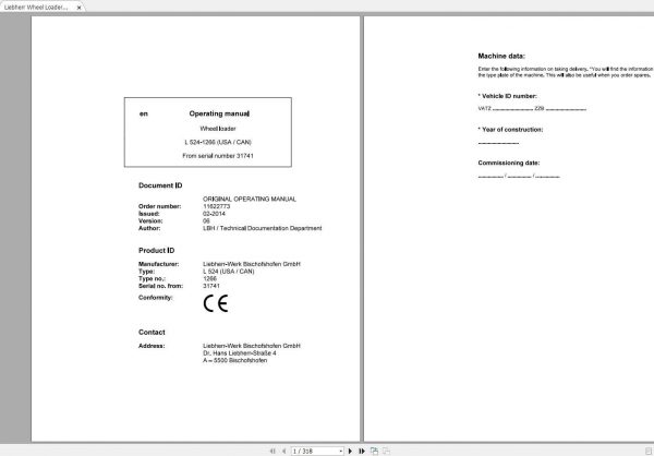 Liebherr Wheel Loader L524 1266US CAN SN 31741 Operators Manual 1