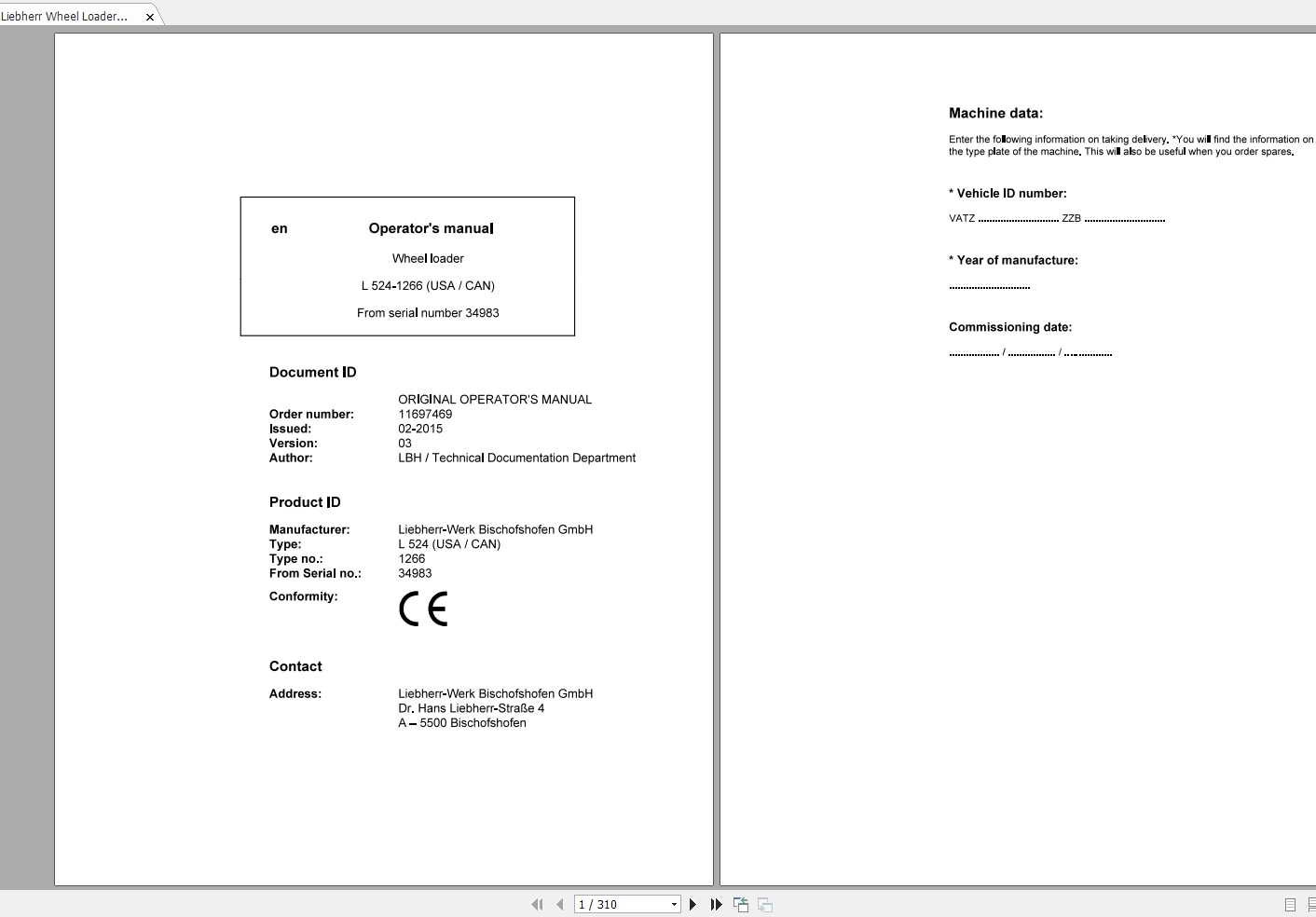 Liebherr Wheel Loader L524 1266USA CAN SN 34983 Operators Manual 1