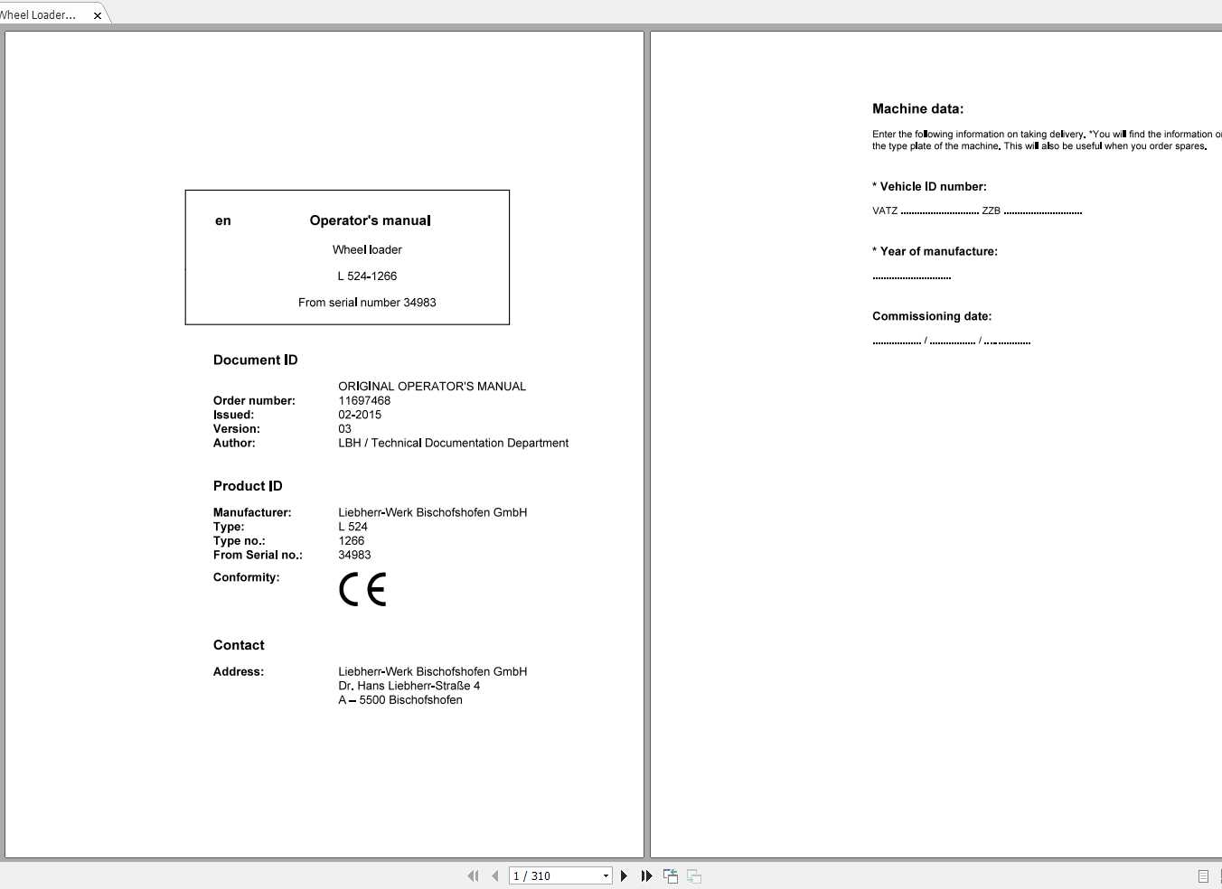 Liebherr Wheel Loader L524 1266 SN 34983 Operators Manual 1