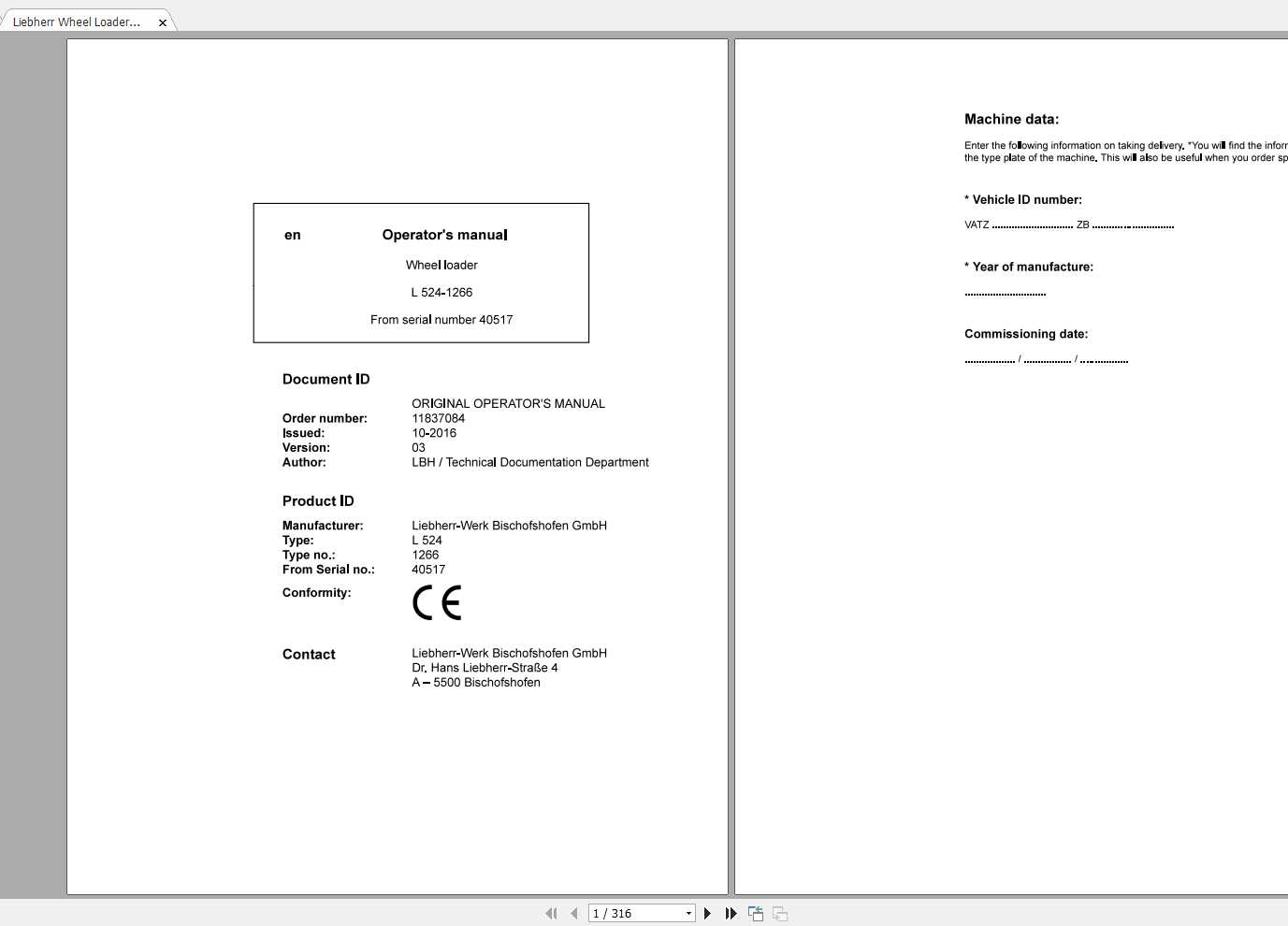 Liebherr Wheel Loader L524 1266 SN 40517 Operators Manual 1