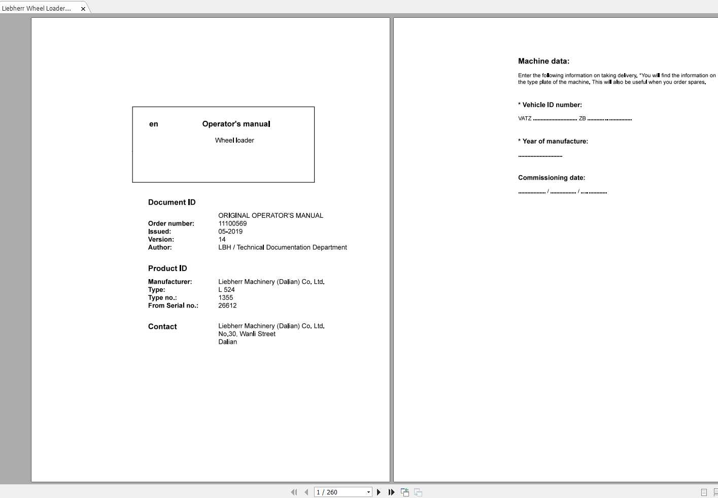 Liebherr Wheel Loader L524 1355 SN 26612 Operators Manual 1