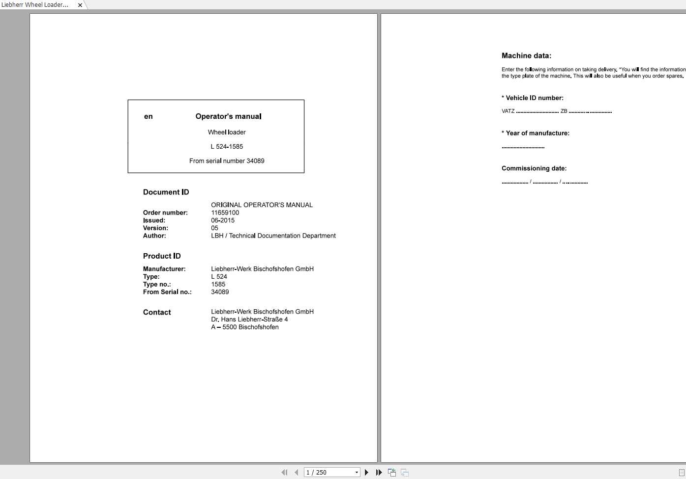 Liebherr Wheel Loader L524 1585 SN 34089 Operators Manual 1