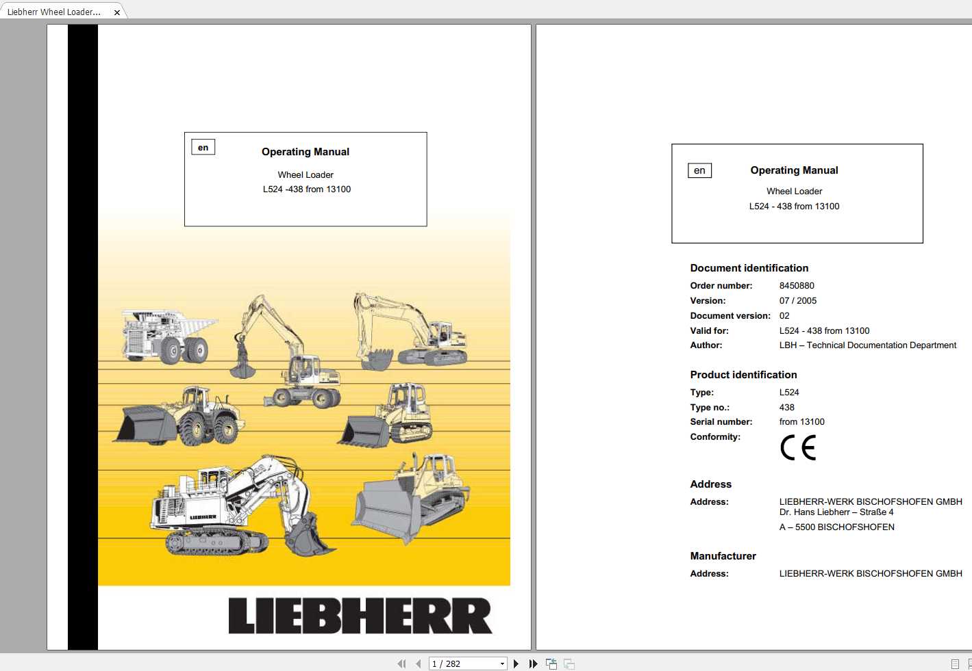 Liebherr Wheel Loader L524 348 SN 13100 Operators Manual 1
