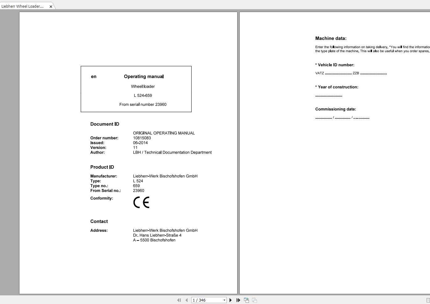 Liebherr Wheel Loader L524 659 SN 23960 Operating Manual 1