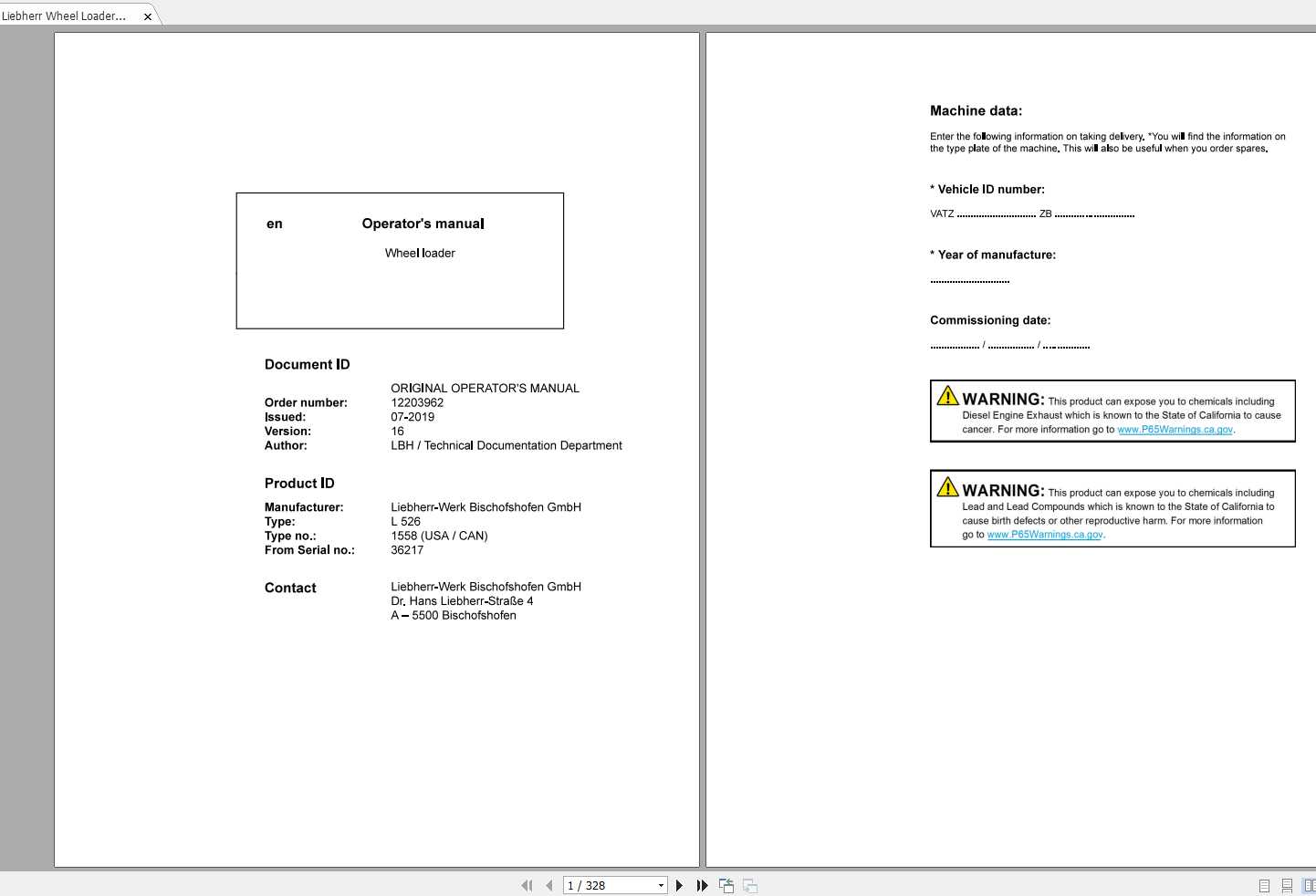 Liebherr Wheel Loader L526 1558USA CAN SN 36217 Operators Manual 1