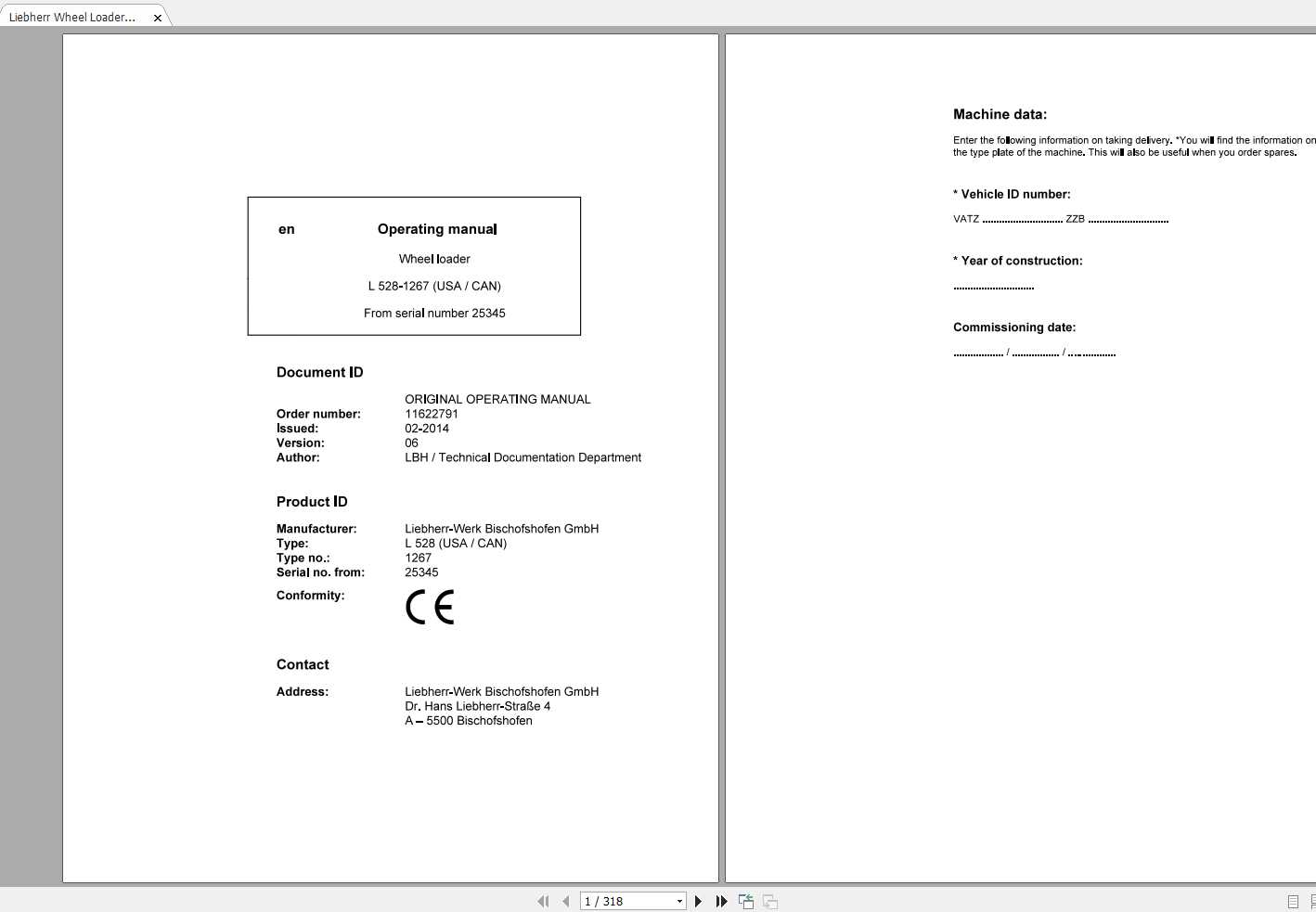 Liebherr Wheel Loader L528 1267USA CAN SN 25345 Operators Manual 1