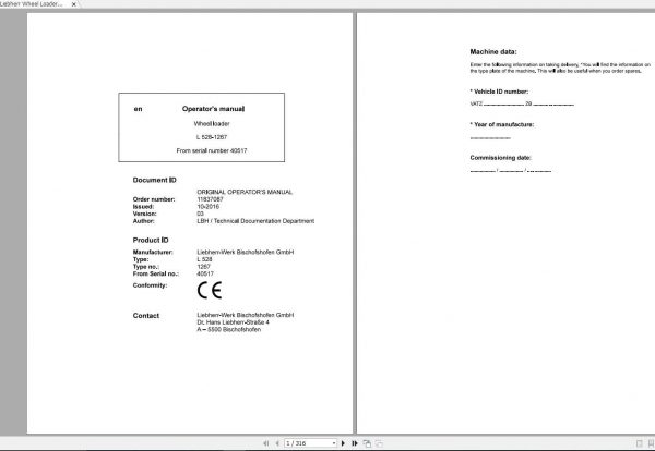 Liebherr Wheel Loader L528 1267 SN 40517 Operators Manual 1