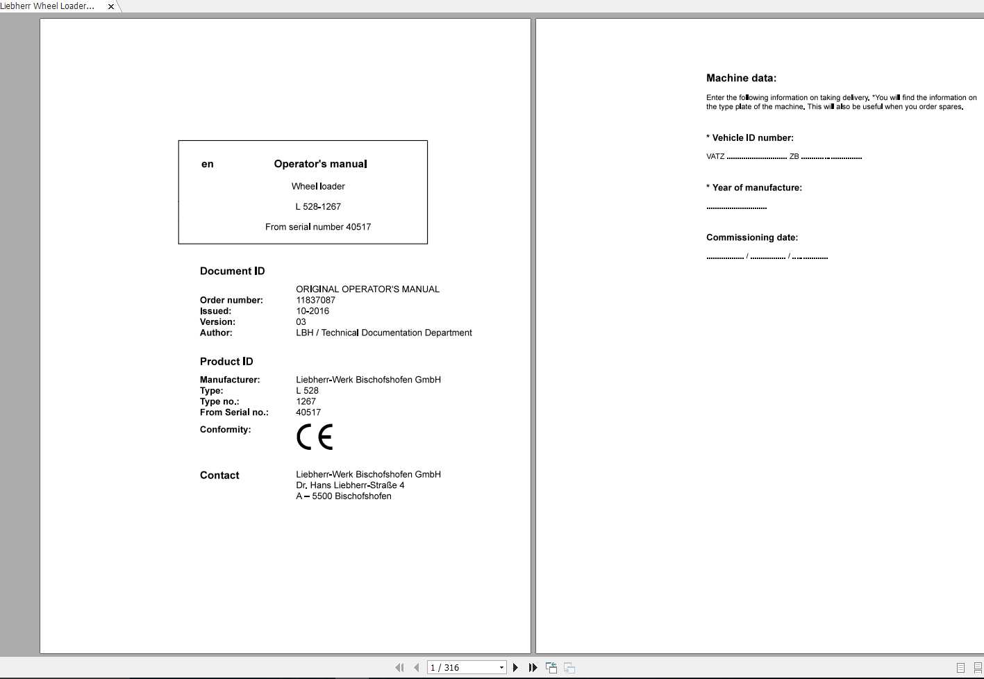 Liebherr Wheel Loader L528 1267 SN 40517 Operators Manual 1