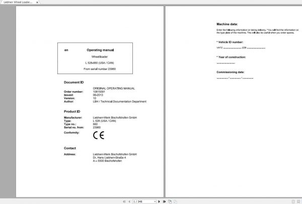 Liebherr Wheel Loader L528 660USA CAN SN 23960 Operators Manual 1