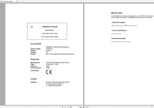 Liebherr Wheel Loader L538 1268USA CAN SN 34983 Operators Manual 1