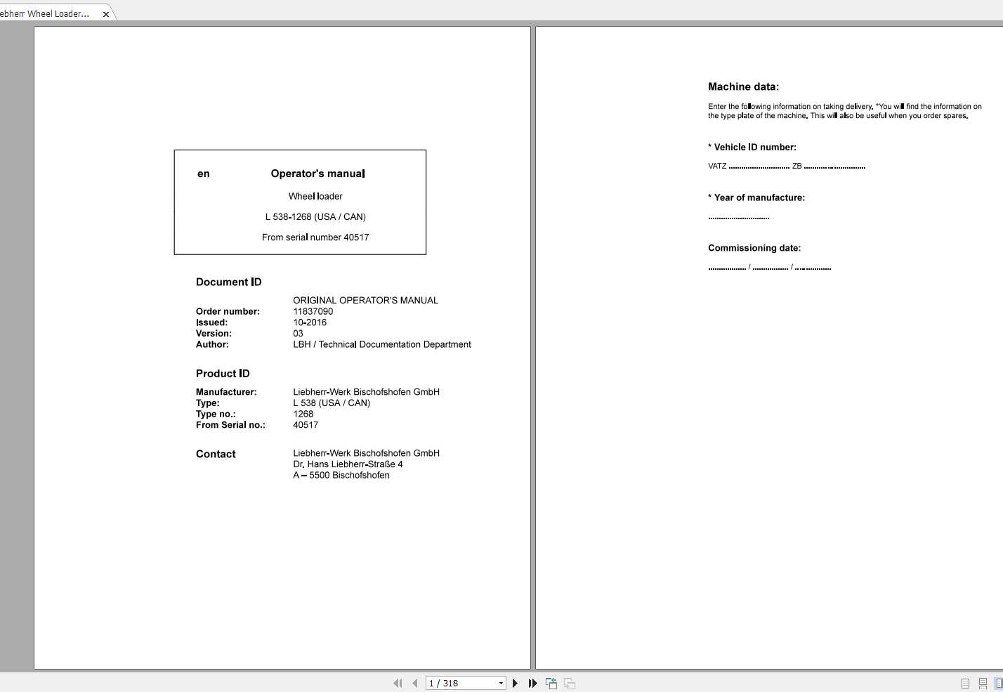 Liebherr Wheel Loader L538 1268USA CAN SN 40517 Operators Manual 1