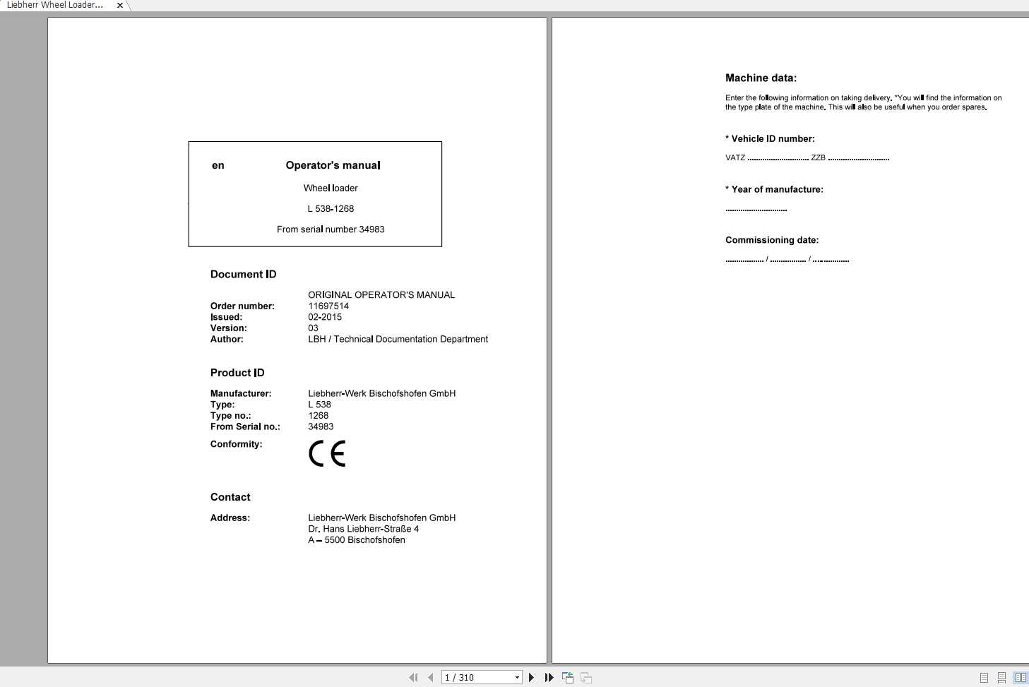 Liebherr Wheel Loader L538 1268 SN 34983 Operators Manual 1