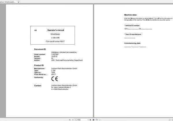 Liebherr Wheel Loader L538 1268 SN 40517 Operators Manual 1