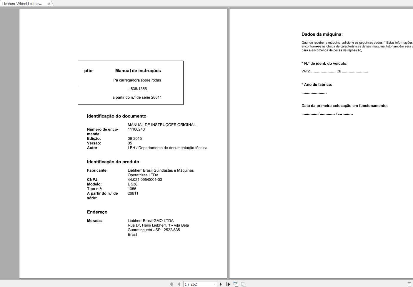 Liebherr Wheel Loader L538 1356 SN 26611 Operators ManualPTBR 1
