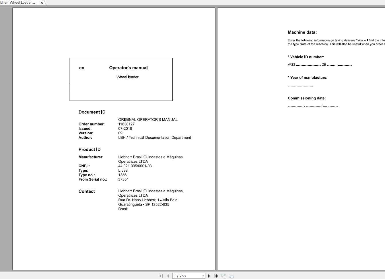 Liebherr Wheel Loader L538 1356 SN 37351 Operators Manual 1