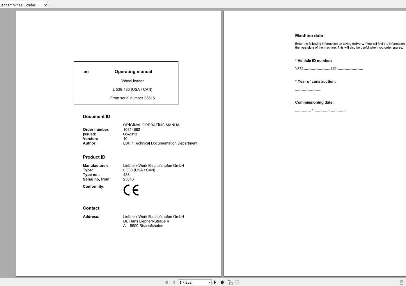 Liebherr Wheel Loader L538 433USA CAN SN 23816 Operators Manual 1