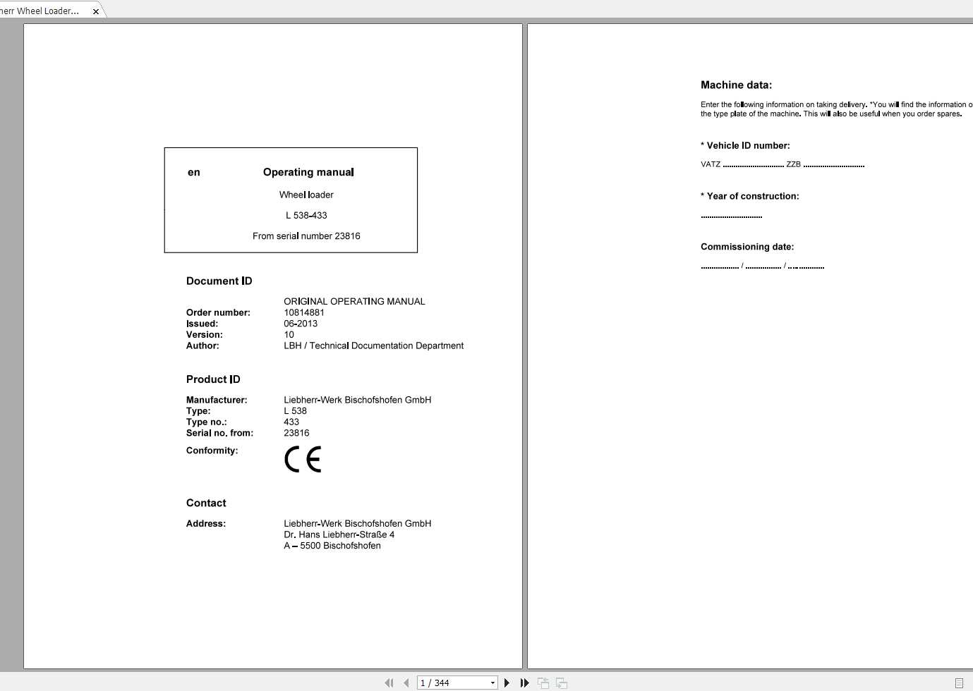 Liebherr Wheel Loader L538 433 SN 23816 Operators Manual 1