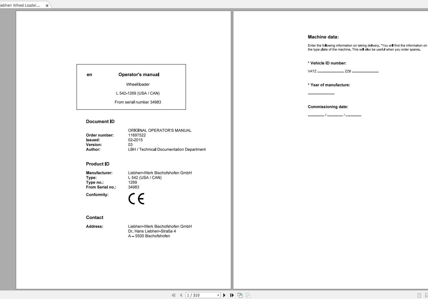 Liebherr Wheel Loader L542 1269USA CAN SN 34983 Operators Manual 1