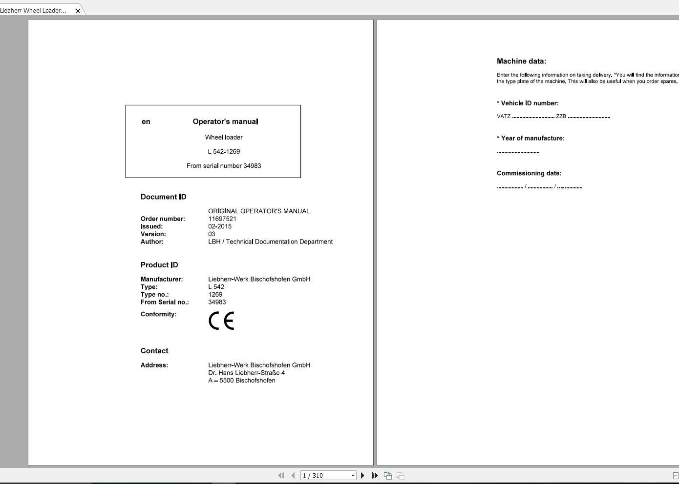 Liebherr Wheel Loader L542 1269 SN 34983 Operators Manual 1