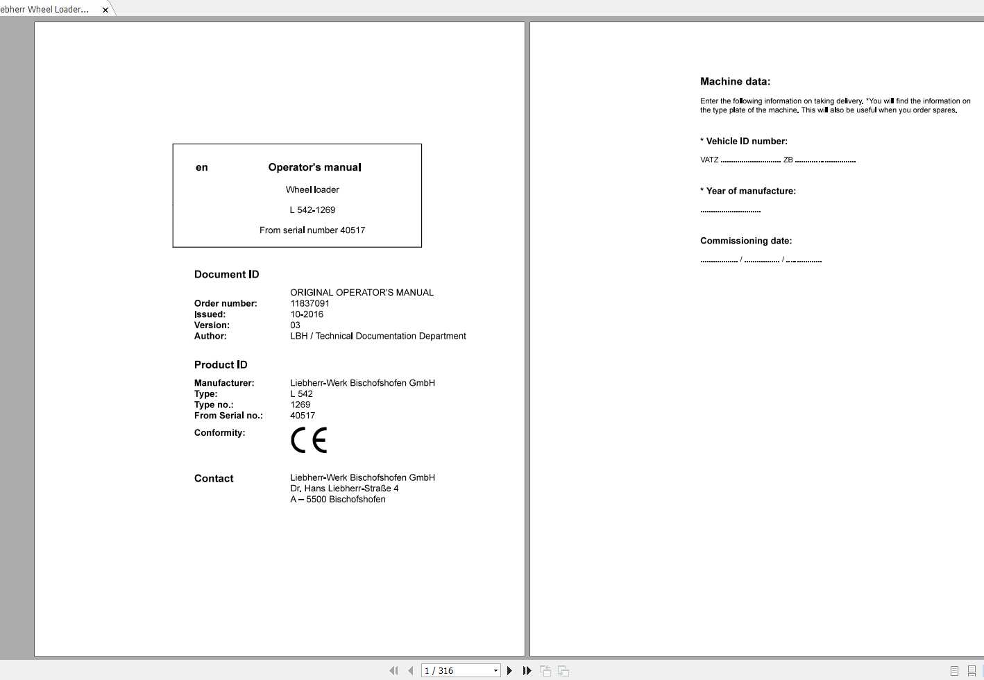 Liebherr Wheel Loader L542 1269 SN 40517 Operators Manual 1