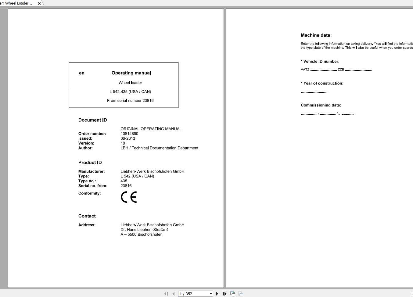 Liebherr Wheel Loader L542 435USA CAN SN 23816 Operators Manual 1