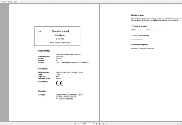 Liebherr Wheel Loader L542 435 SN 23816 Operators Manual 1