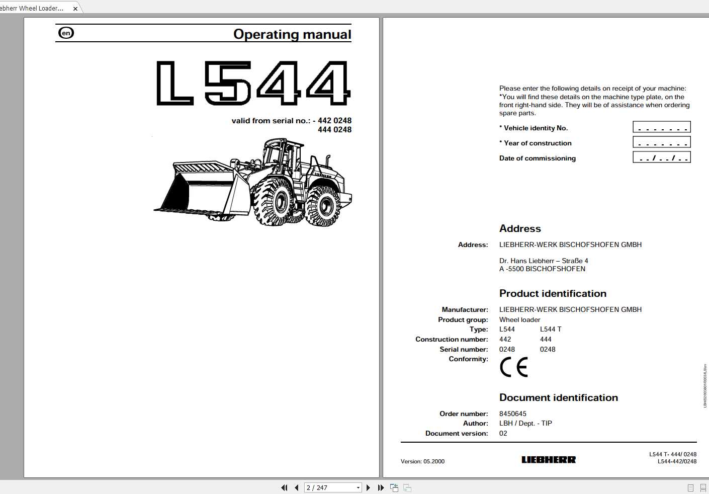 Liebherr Wheel Loader L544 442 SN 0248 Operators Manual 1