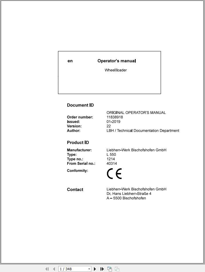 Liebherr Wheel Loader L550 1214 SN 40314 Operators Manual 1