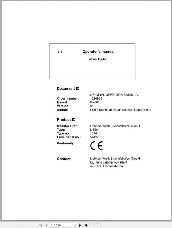 Liebherr Wheel Loader L550 1214 SN 54427 Operators Manual 1