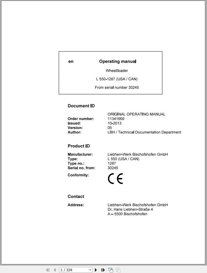 Liebherr Wheel Loader L550 1287USA CAN SN 30245 Operators Manual 1