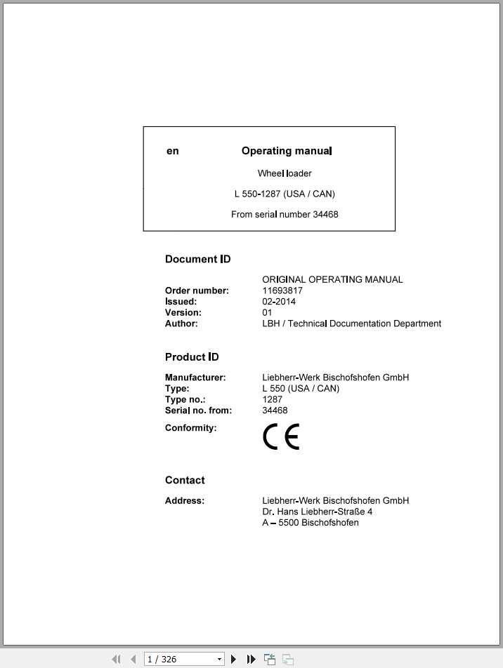 Liebherr Wheel Loader L550 1287USA CAN SN 34468 Operators Manual 1