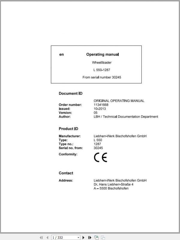 Liebherr Wheel Loader L550 1287 SN 30245 Operators Manual 1