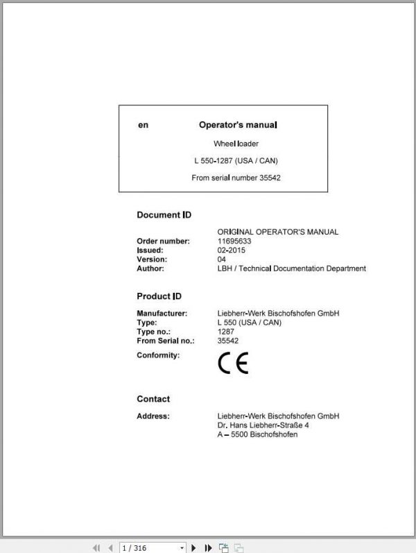 Liebherr Wheel Loader L550 1287 SN 35542 Operators Manual 1 1
