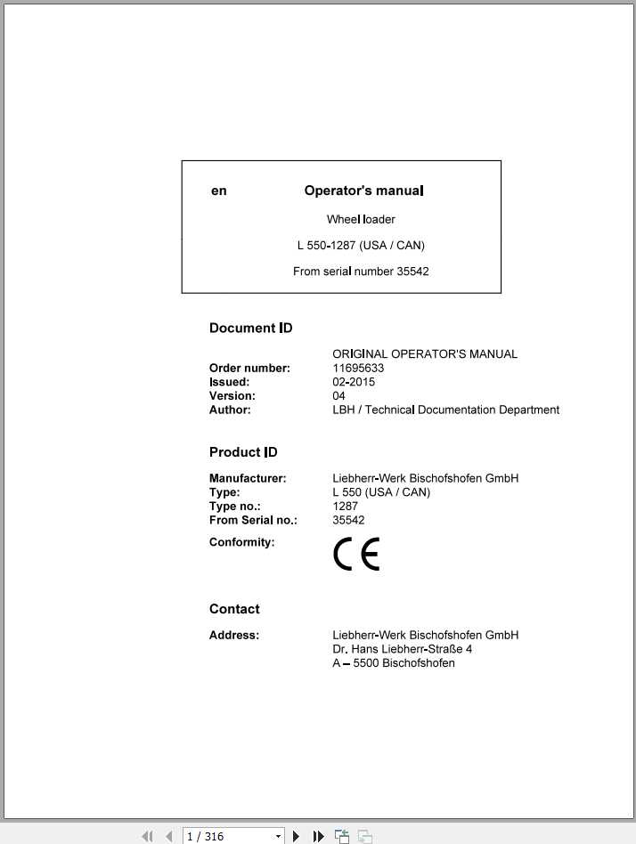 Liebherr Wheel Loader L550 1287 SN 35542 Operators Manual 1 1