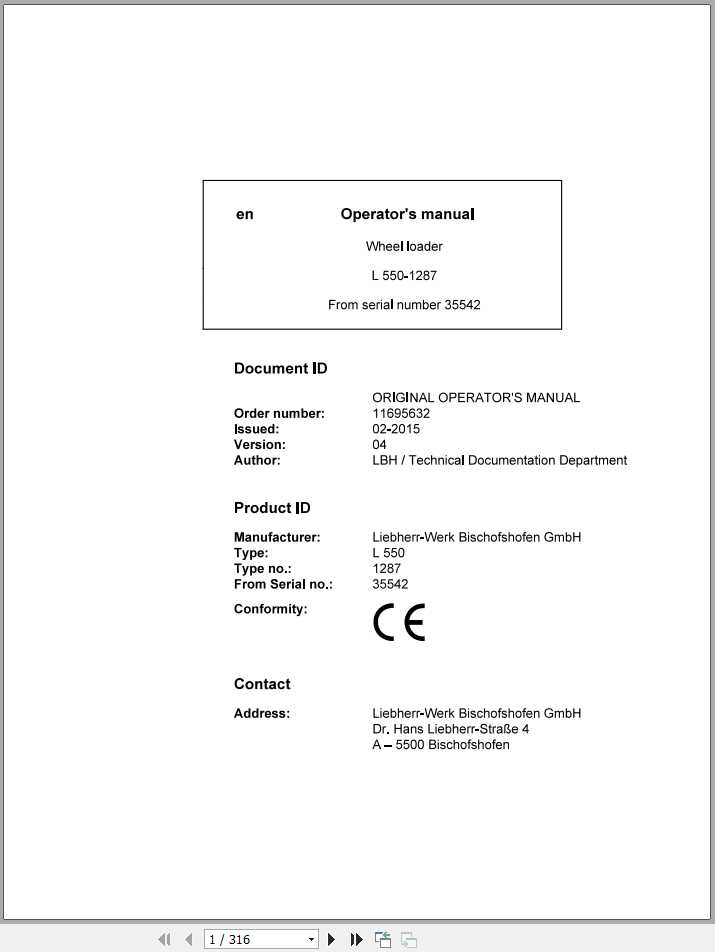 Liebherr Wheel Loader L550 1287 SN 35542 Operators Manual 1
