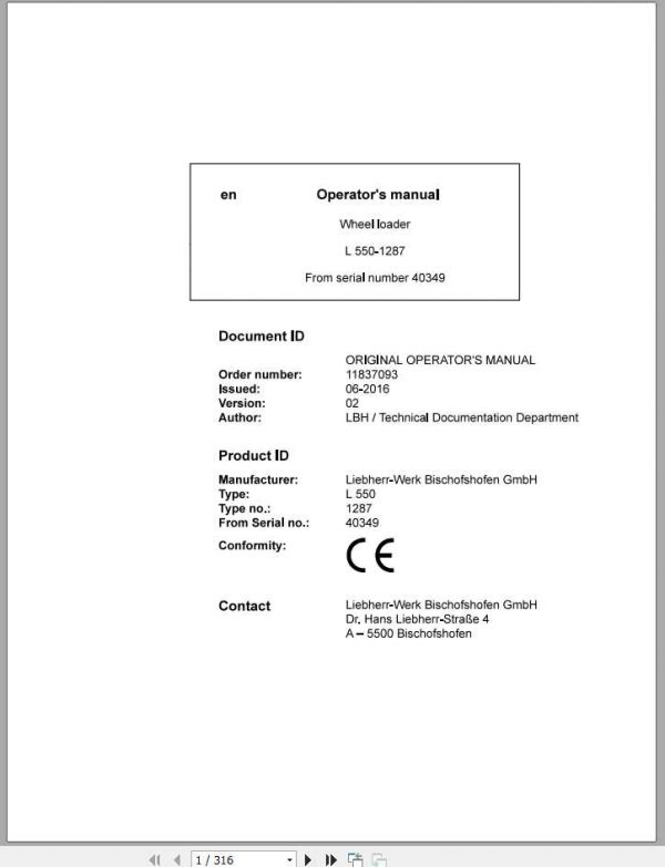 Liebherr Wheel Loader L550 1287 SN 40349 Operators Manual 1