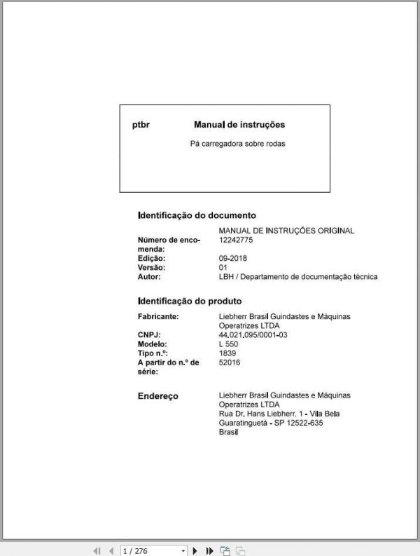 Liebherr Wheel Loader L550 1839 SN 52016 Operators ManualPT BR 1